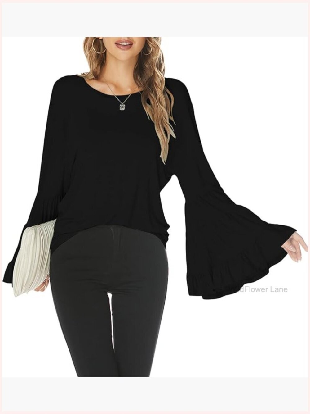 Casual Long Bell Sleeve Ruffle Top Loose Fit Scoop Neck Tunic Tee